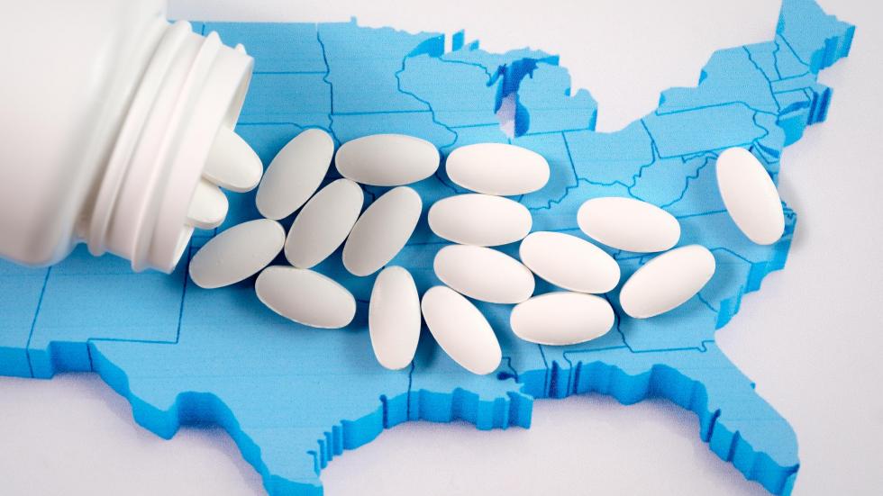 Pills spilled on map of USA