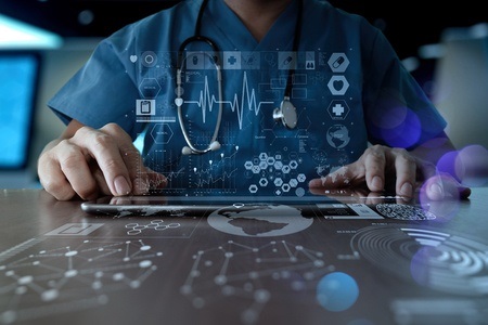 medicine doctor hand working with modern computer interface as medical network concept