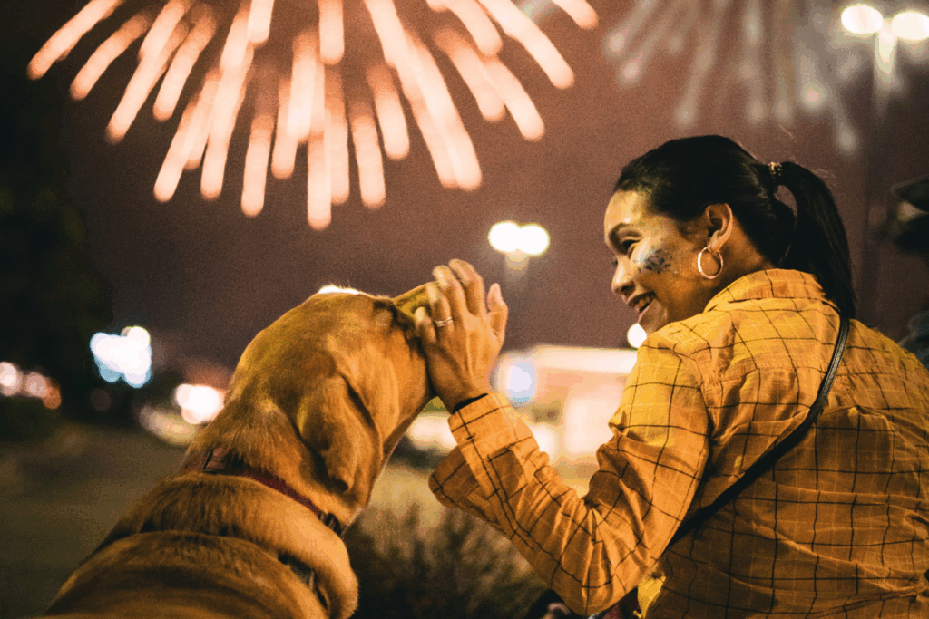Woman comforting dog with fireworks