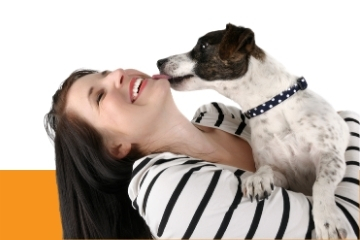Dog licking smiling woman's chin