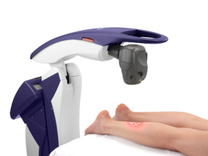 Robotic M6 MLS Therapy Laser Treating a Patient's Lower Leg