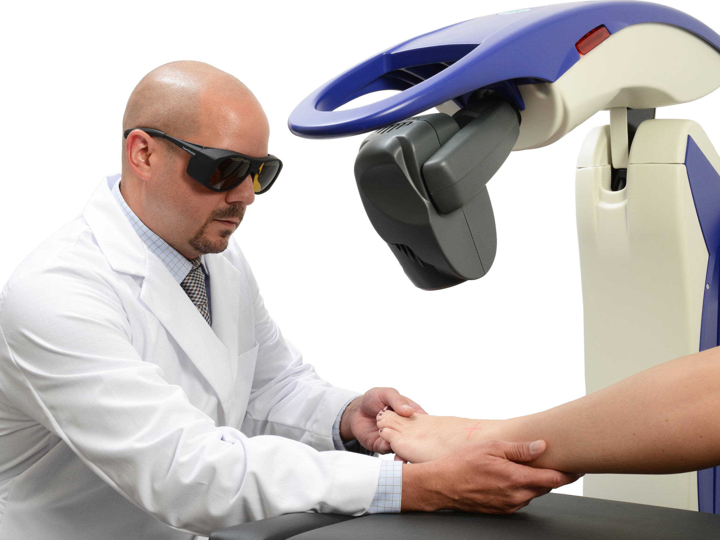 A Podiatrist is treating a patient's food with the Robotic M6 MLS Therapy Laser